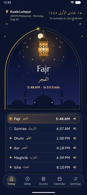 Sakinah's Today screen with the next prayer and today's prayer times