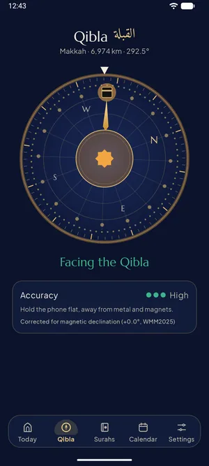 Sakinah's Qibla compass facing the Qibla