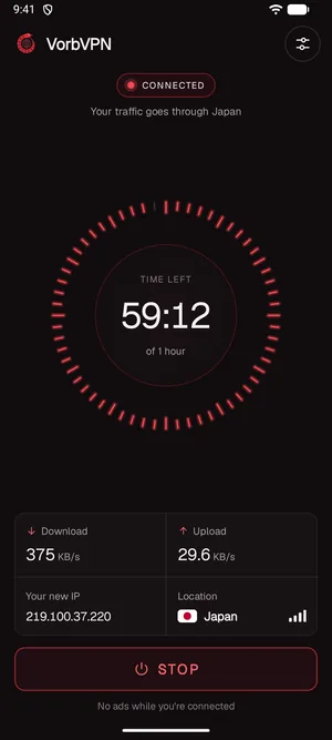 Vorb VPN connected to a server in Japan, with the minutes left, live speed and the new IP address