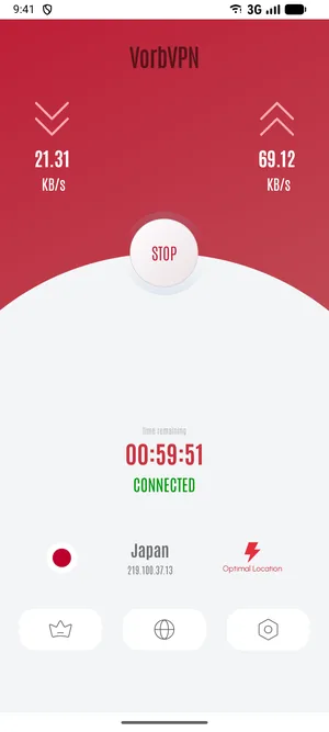 Vorb VPN connected to a server in Japan, with the time remaining and live speed