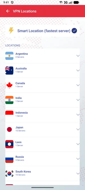 Vorb VPN's list of VPN locations with Smart Location